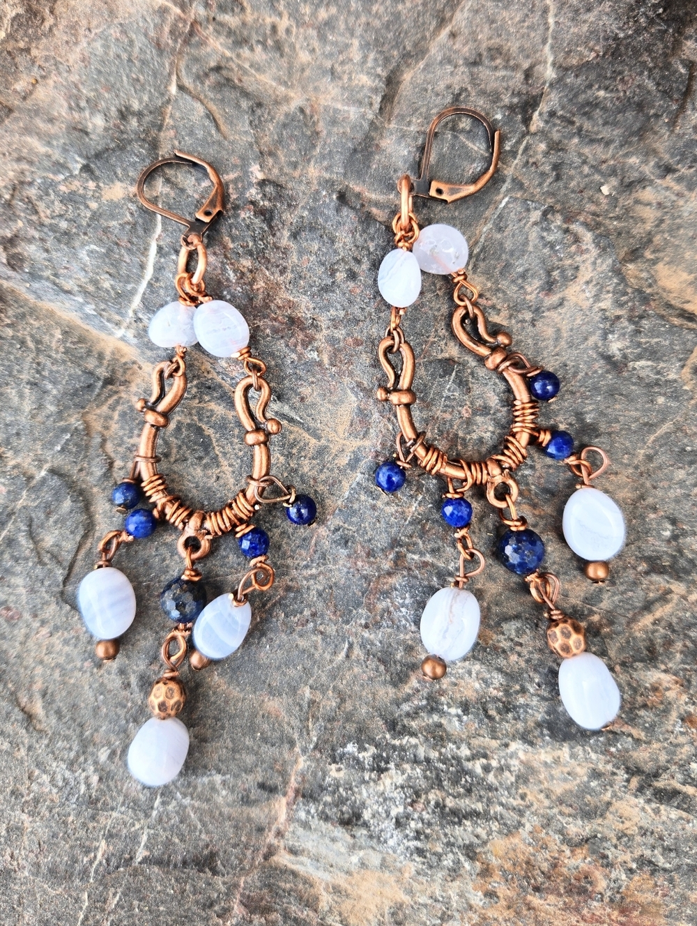 Terra Et Flores: Blue Lace & Lapis Lazuli In Ornate Artisan Copper Earrings